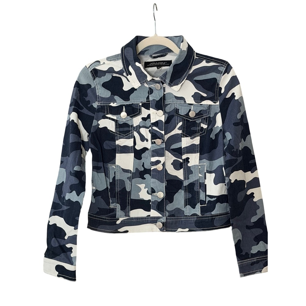NWT Jou Jou Women's S White Blue Camo Denim Trucker Jacket | SKU 1185